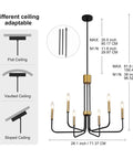 Six Light Black And Gold Farmhouse Chandelier For Dining Room And Kitchen Island in black iron with candle lights.