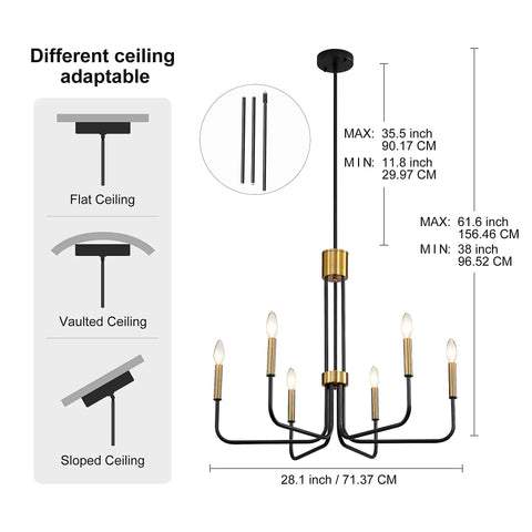 Six Light Black And Gold Farmhouse Chandelier For Dining Room And Kitchen Island in black iron with candle lights.