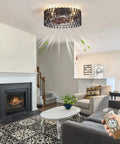Space Saving 16 Inch Caged Ceiling Fan With Lights Remote Control Matte Black Finish in living room
