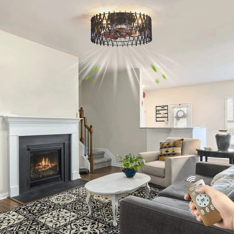 Space Saving 16 Inch Caged Ceiling Fan With Lights Remote Control Matte Black Finish in living room