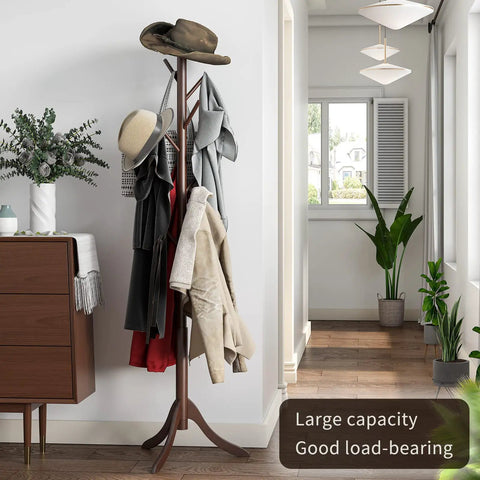 Freestanding Bamboo Coat Rack With 8 Hooks, Adjustable Height Entryway Stand, Classic Brown, holding coats and hats in a hallway