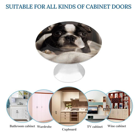 Cute Boston Terrier Round Cabinet Knob Set, 2 Pack, Stainless Steel With Brushed Aluminum Base, Rust Resistant Durable Drawer Knobs For Kitchen Cabinets And Furniture Makeovers, round dog print knob on white base