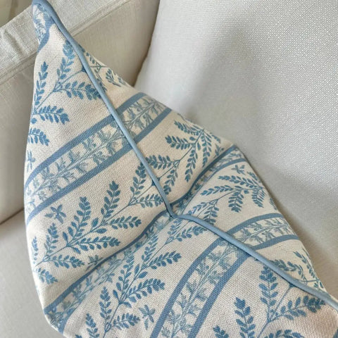 Blue Floral Block Print Pillow Cover With Off White Background, Cozy Throw Pillow Cover For Sofa Or Bed, Grandmillennial Style With Leaf Detail, Subtle Blue Grey Piping, Durable Upholstery Fabric, 20x20