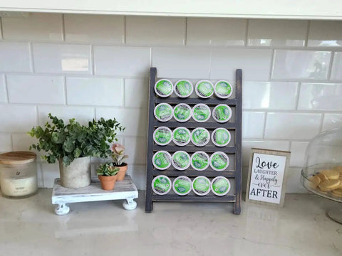 Countertop K Cup Holder For Your Dope Coffee Bar, Rustic Wood Pod Organizer displaying 20 K-Cups, farmhouse kitchen decor.
