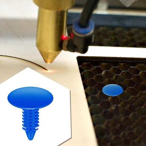 Blue 7.5–8 mm honeycomb bed hold-down pin for laser cutter, close-up view