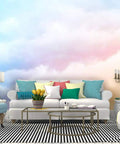 Living room with Rainbow Clouds Wall Mural With Blue And Gold Background Peel And Stick Self Adhesive Wallpaper Large Vinyl Wall Sticker