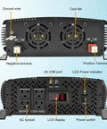 Back view of Heavy Duty Road Ready 3500W Power Inverter showing terminals, USB ports, LCD display, and cooling fan.