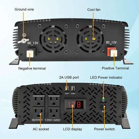 Back view of Heavy Duty Road Ready 3500W Power Inverter showing terminals, USB ports, LCD display, and cooling fan.