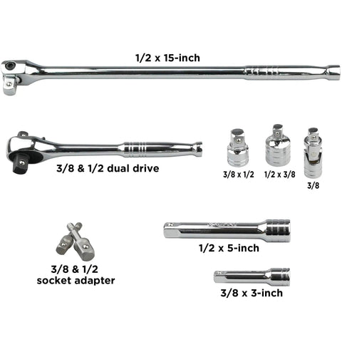 Pro Grade Deep Socket Set For Three Eighths And One Half Inch Drive, 45 Piece SAE And Metric, Dual Head Ratchet and adapters