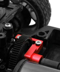 Ultra Lightweight Aluminum Gear Cover For One Tenth Scale RC Car TT02, red open gearbox shield installed with visible gears