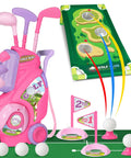 Toddler Golf Set For Boys And Girls Ages 2 3 4 With Upgraded Kids Golf Cart, Putting Mat, And Cornhole Board, Durable Safe Design, Large 1.8 Inch Golf Balls, Outdoor Indoor Sports Toys Pink, showing pink golf cart with clubs, mat, and accessories.