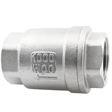 Stainless steel vertical threaded inline check valve, 3/4-inch, with flow arrow.