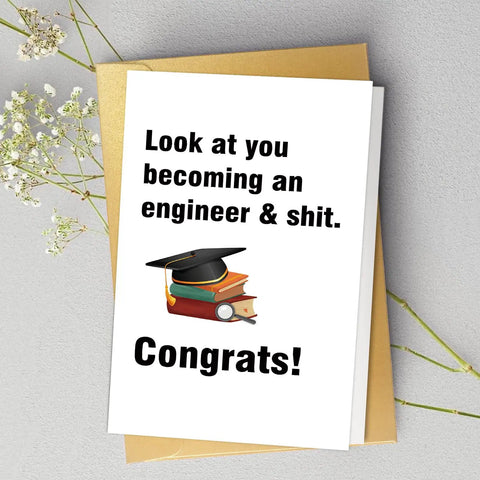 Funny Engineer Graduation Card For The New Grad With Blank Inside Featuring Books And Cap Illustration, Gold Envelope Included