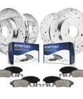 Brake Kit For 2011 2020 Jeep Grand Cherokee And Dodge Durango With 12.99 Inch Drilled And Slotted Rotors And Ceramic Brake Pads Front And Rear Replacement, showing rotors and pads.