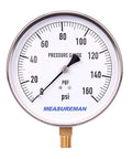 Big 4.5 Inch Dial Water Pressure Gauge With Lead Free Stainless Steel Case For Drinking Water, 0 To 160 Psi Range, Plus Minus 1 Percent Accuracy, Lower Mount One Quarter Inch NPT Pro Grade showing 0-160 psi scale.