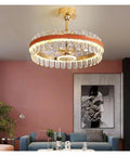 Top Shelf Modern LED Crystal Ceiling Fan Light With Three Color Temperature Control Clean Art Deco Chandelier Design in living room.