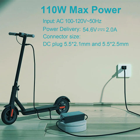 54.6V 2A Fast Charger For 13S Li-ion Battery, Safe Smart Charging For 48V E-Bikes And Scooters next to an e-scooter