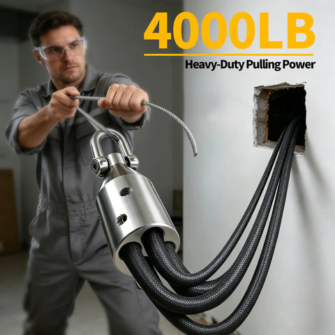 Real Deal Heavy Duty Wire Pulling Grip Four Slot Cable Puller Tool With Four Thousand Pound Capacity For Pro Electrical Conduit Runs And Underground Wiring Jobs Across The Nation, close-up of stainless steel grip in use.