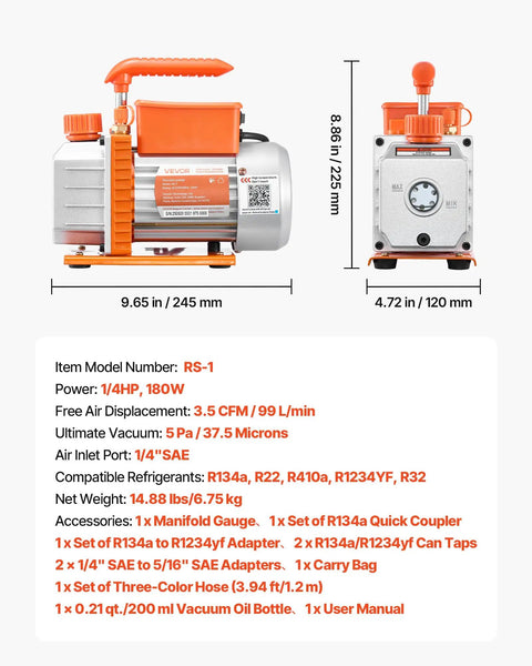 AC Vacuum Pump And Gauge Kit For Auto HVAC Repair 3.5 CFM One Quarter HP Single Stage Rotary Vane With Carry Bag Pro Grade Refrigerant Ready R134a R22 R410A R1234YF R32 Compatible, side view
