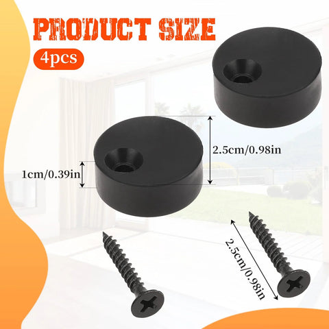 Four Piece Barn Door Stopper Set, adjustable black anti jump pads with screws, size 0.98x0.98x0.39 inches.