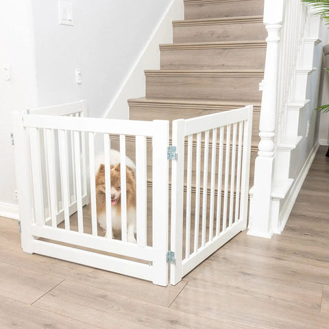 360 Hinges Freestanding Dog Gate With Walk Through Door For Home Use Up To 76 Inches Wide, Two Way Swing, shown near staircase