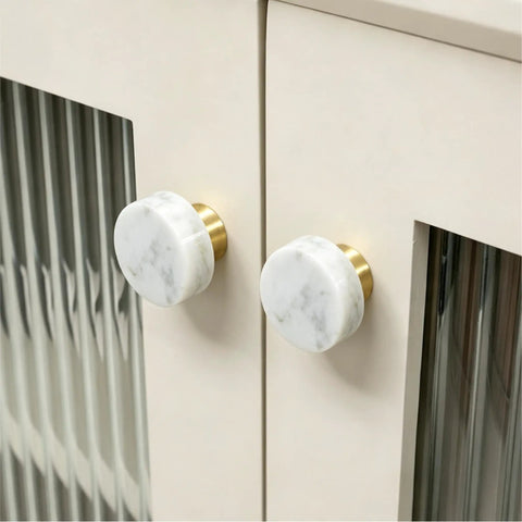 Set Of 6 Real Deal White Marble Cabinet Knobs With Top Shelf Brass Drawer Pulls For Kitchen Drawers And Bathroom Vanities. Close-up view.