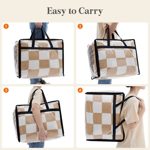 4 Pack Clear 40L Plastic Clothes Storage Bags With Zipper shown carried by hand and shoulder, vinyl foldable design.