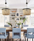 Dining room with two One Light Wood Beaded Chandelier Mini Rustic Farmhouse Boho Pendant Lighting, grey blue beads.