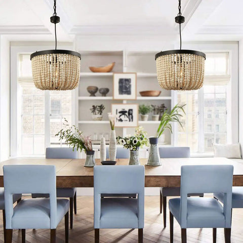Dining room with two One Light Wood Beaded Chandelier Mini Rustic Farmhouse Boho Pendant Lighting, grey blue beads.