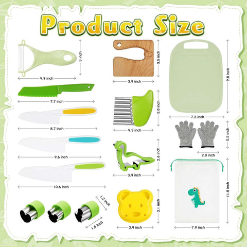 Real Cooking Kids Knife Set With 15 Piece Montessori Kitchen Tools For Safe Learning, shown with product sizes.