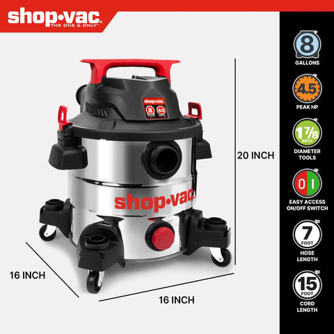 Heavy Duty Eight Gallon Wet And Dry Shop Vacuum With Badass Four Point Five Peak Horsepower Motor and corrosion proof stainless steel tank