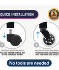 Quick installation guide for Office Chair Wheel Casters 3 Inch Roller Blade Type Set Of 5 showing no tools needed.