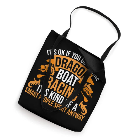 Black tote bag with dragon boat racing design, text graphics, Boat Festival Gear Tote Bag For Paddling Training And Race Day Crew Style