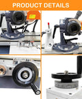 Beefy 220V Universal Tool Grinder Featuring A Snappy 0.55KW Motor With A Dead Straight 360 Degree Rotating Head And Rock Solid Linear Guide Table close-up of controls and rotating head for sharpening tools.