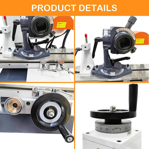 Beefy 220V Universal Tool Grinder Featuring A Snappy 0.55KW Motor With A Dead Straight 360 Degree Rotating Head And Rock Solid Linear Guide Table close-up of controls and rotating head for sharpening tools.