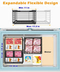 Four Large Expandable Freezer Bins With Easy Grab Handles. Stackable organizers in a chest freezer, black metal, adjustable size.