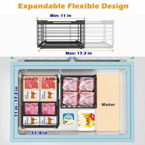 Four Large Expandable Freezer Bins With Easy Grab Handles. Stackable organizers in a chest freezer, black metal, adjustable size.