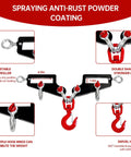 Heavy Duty Twin Forklift Lifting Hooks Featuring Bold Swivel Heads And Tight Mounting Bolts For Standard Tractor Or Garage Forks No Fuss Setup showing adjustable controller and multiple hook rings.