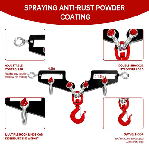 Heavy Duty Twin Forklift Lifting Hooks Featuring Bold Swivel Heads And Tight Mounting Bolts For Standard Tractor Or Garage Forks No Fuss Setup showing adjustable controller and multiple hook rings.