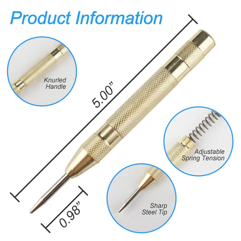 Diagram of 2 Pack Automatic Center Punch 5 Inch Spring Loaded Center Punch Tool Heavy Duty Steel with adjustable spring and knurled handle.