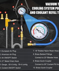 Image of Shop Grade 28 Piece Radiator Pressure Leak Tester, featuring gauge, hoses, and brass fittings for coolant refills.