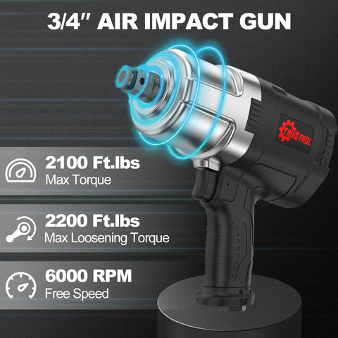 Pro Grade Three Quarter Inch Air Impact Wrench With Twin Hammer Drive exhibits 2100 ft-lbs torque at 6000 RPM, showcasing robust design.