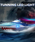 High Speed RC Shark Boat With LED Eyes And Rad Graffiti Design racing over water with glowing LED lights