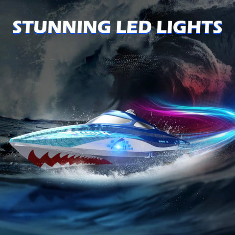 High Speed RC Shark Boat With LED Eyes And Rad Graffiti Design racing over water with glowing LED lights