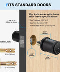 Smart Door Knob Biometric Lock With Keypad And App Control Keyless Entry For Your Pad Home Office Apartment Hotel And More Fingerprint Passcode IC Card And Mechanical Key Easy Install Black showing adjustable latch and door fit specifications