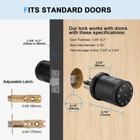 Smart Door Knob Biometric Lock With Keypad And App Control Keyless Entry For Your Pad Home Office Apartment Hotel And More Fingerprint Passcode IC Card And Mechanical Key Easy Install Black showing adjustable latch and door fit specifications