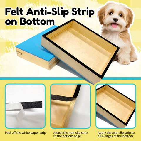 Two Piece Connectable Wooden Dog Training Platform Set With Non Slip Foaming Surface and puppy illustration