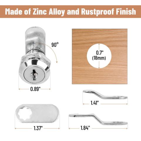 Heavy Duty Zinc Alloy Cam Cabinet Locks 5 8 Inch Throw 3 Pack Keyed Alike Solid Silver Finish with dimensions displayed.