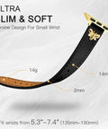 Premium Slim Genuine Leather Apple Watch Band With Chic Bee Charms Easy Snap Fit for small wrists 5.3 to 7.4 inches, soft and elegant design.