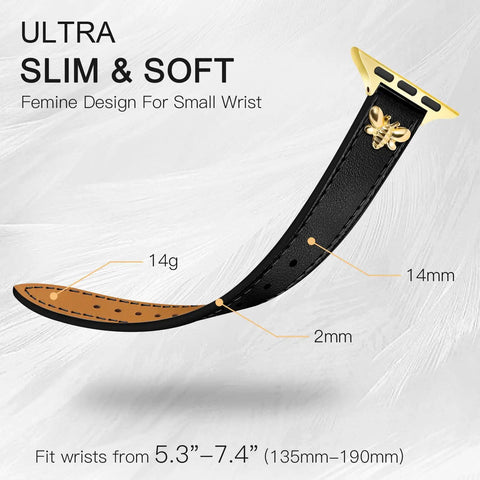 Premium Slim Genuine Leather Apple Watch Band With Chic Bee Charms Easy Snap Fit for small wrists 5.3 to 7.4 inches, soft and elegant design.